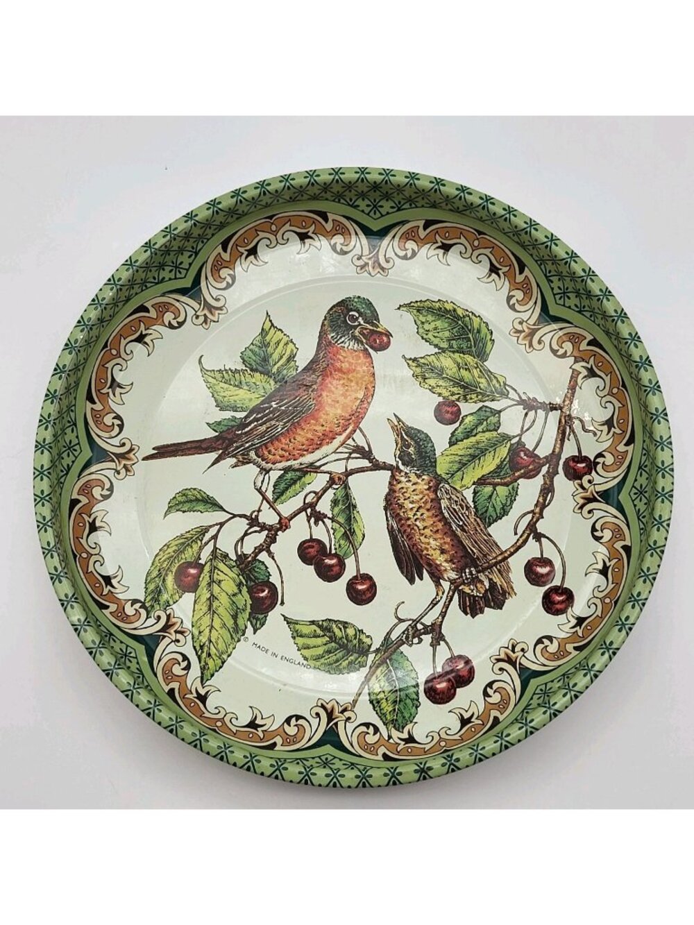 Vintage Daher metal decorative tray  Robin birds cherries Mother Chick
